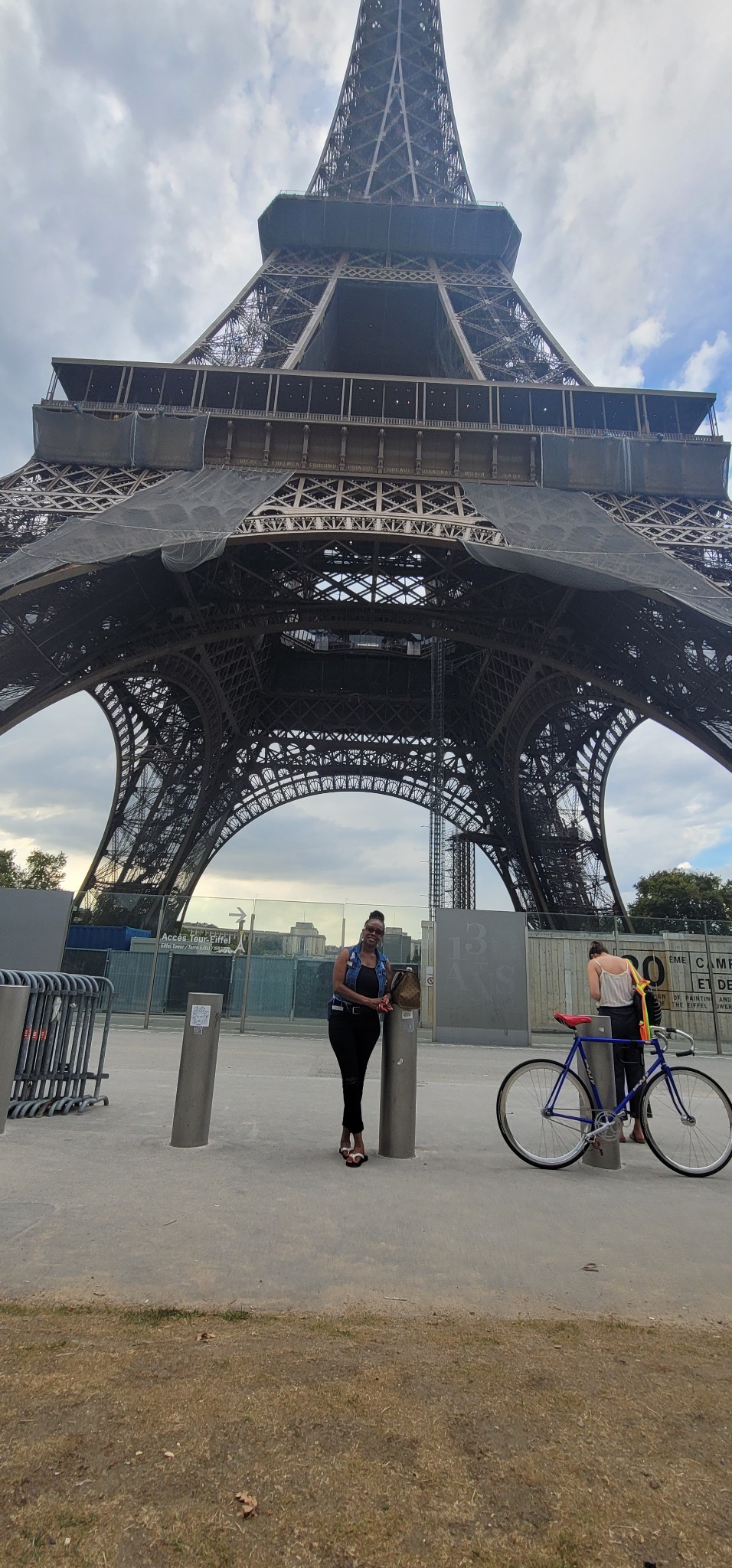 View looking up beneath the Eiffel Tower