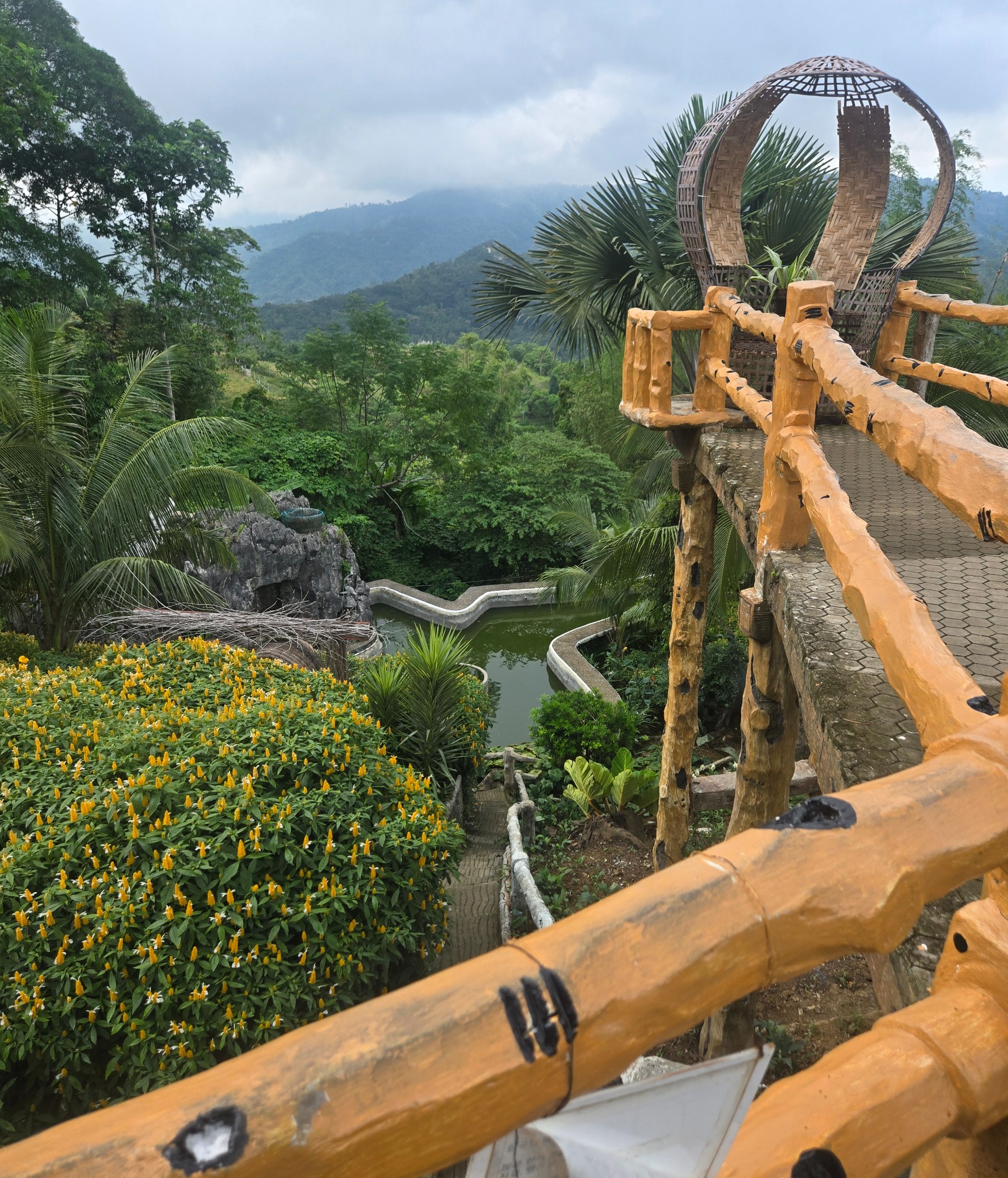 Terraced colorful garden beds and mountain village